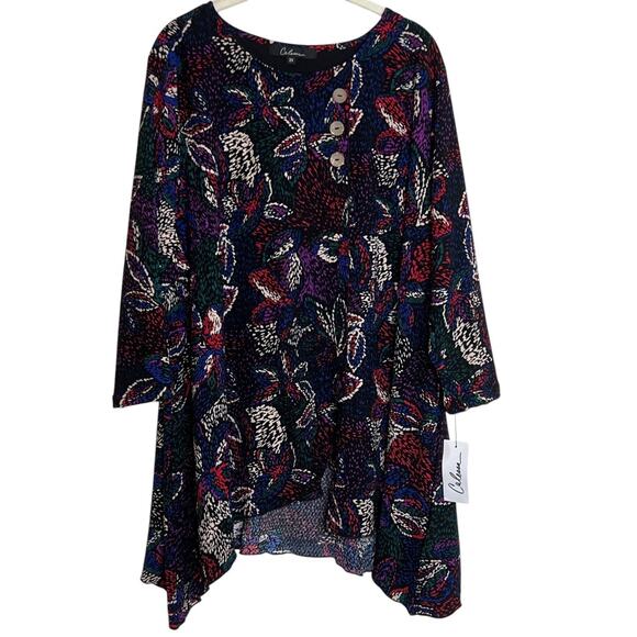 Calessa Womens Tunic Top 2X Multicolor Floral Abstract Print Asymmetrical Hem - Picture 1 of 6
